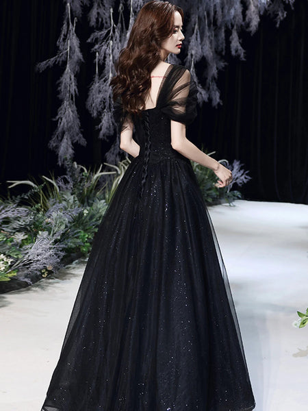 Off the Shoulder Black Beaded Long Prom Dresses, Black Long Formal Graduation Dresses