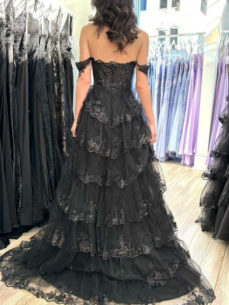 Off the Shoulder Black Lace Layered Long Prom Dresses, Black Lace Laye
