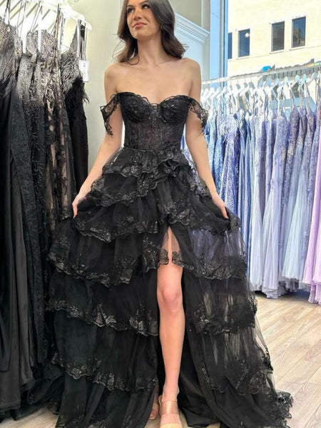 Off the Shoulder Black Lace Layered Long Prom Dresses, Black Lace Laye