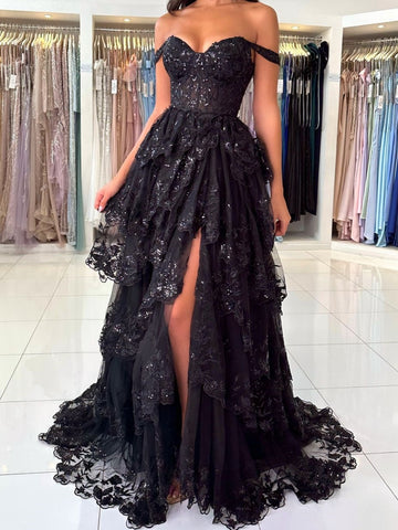 Off the Shoulder Black Lace Layered Long Prom Dresses, Black Lace Layered Long Formal Evening Dresses