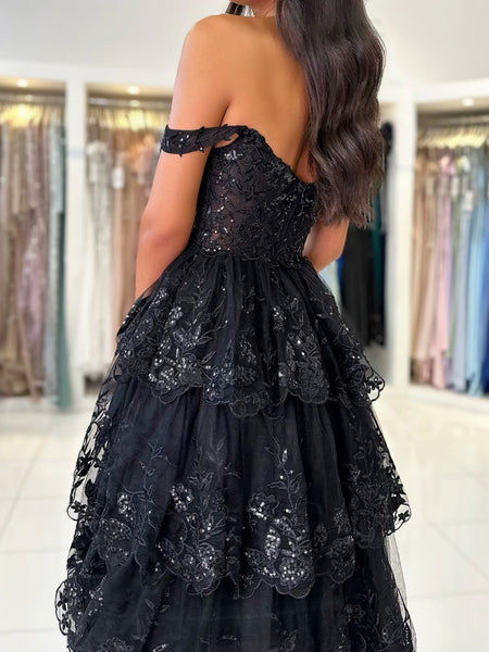 Off the Shoulder Black Lace Layered Long Prom Dresses, Black Lace Layered Long Formal Evening Dresses