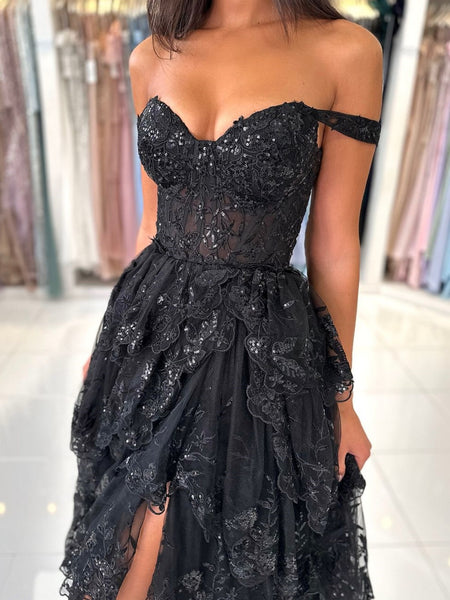 Off the Shoulder Black Lace Layered Long Prom Dresses, Black Lace Layered Long Formal Evening Dresses