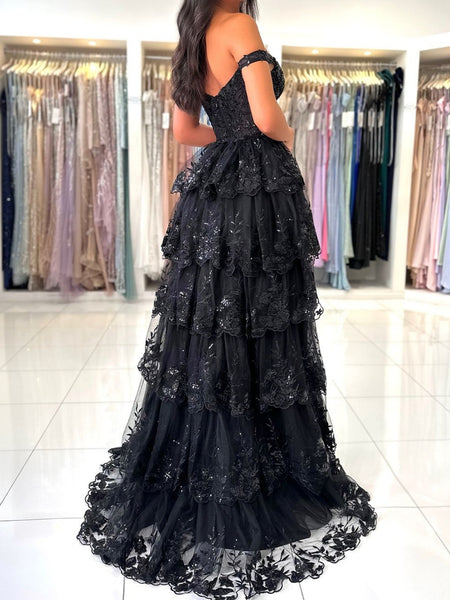 Off the Shoulder Black Lace Layered Long Prom Dresses, Black Lace Layered Long Formal Evening Dresses