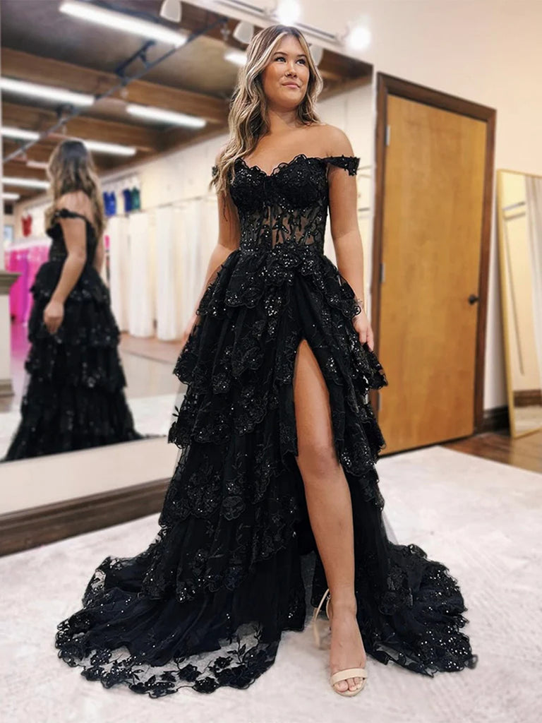 Off the Shoulder Black Lace Long Prom Dresses, Off Shoulder Black Lace jbydress Off the Shoulder Black Lace Long Prom Dresses, Off Shoulder Black Lace jbydress