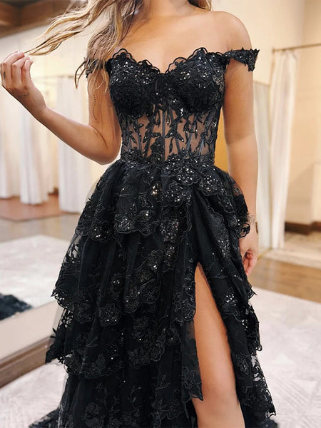 Off the Shoulder Black Lace Long Prom Dresses, Off Shoulder Black Lace Long Formal Evening Dresses