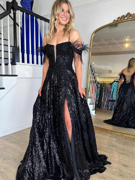 Off the Shoulder Black Lace Prom Dresses, Black Lace Sequins Formal Evening Dresses