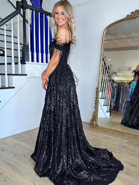 Off the Shoulder Black Lace Prom Dresses, Black Lace Sequins Formal Evening Dresses