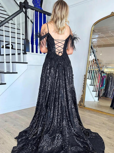 Off the Shoulder Black Lace Prom Dresses, Black Lace Sequins Formal Evening Dresses