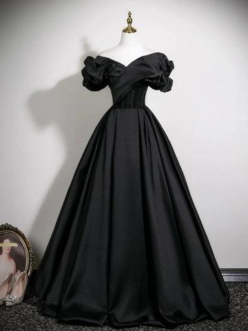 Off the Shoulder Black Long Prom Dresses, Off Shoulder Black Long Satin Formal Evening Dresses