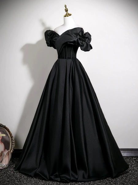 Off the Shoulder Black Long Prom Dresses, Off Shoulder Black Long Satin Formal Evening Dresses