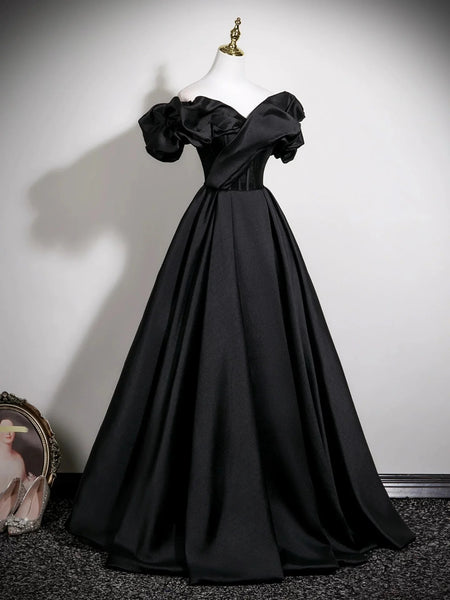 Off the Shoulder Black Long Prom Dresses, Off Shoulder Black Long Satin Formal Evening Dresses