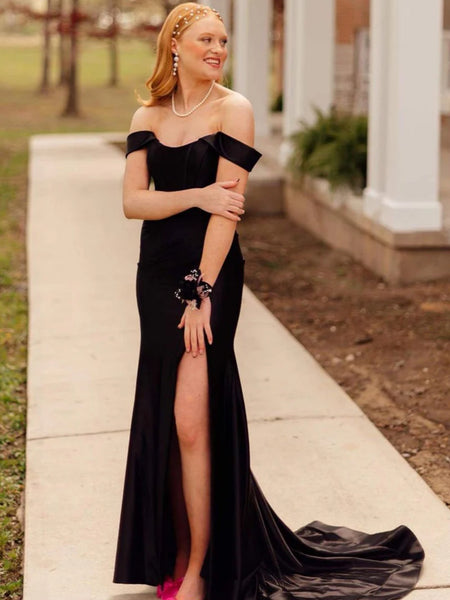 Off the Shoulder Black Mermaid Long Prom Dresses, Off Shoulder Black Mermaid Formal Evening Dresses