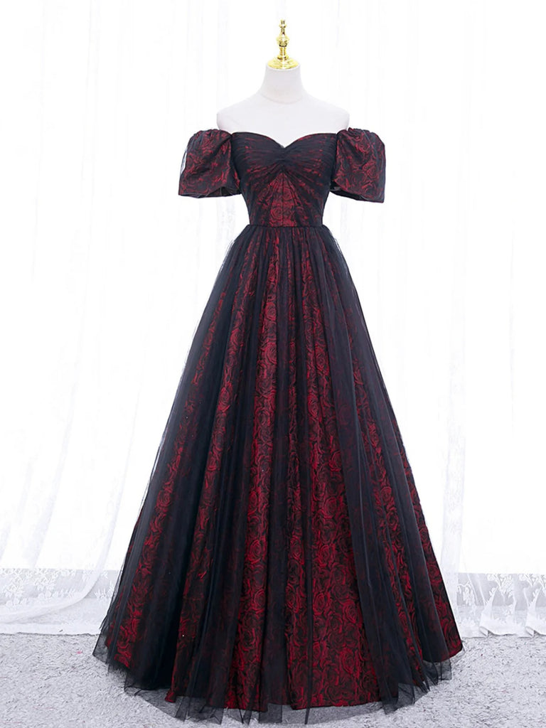 Off the Shoulder Black Prom Dress with Burgundy Lace, Black Burgundy F – jbydress