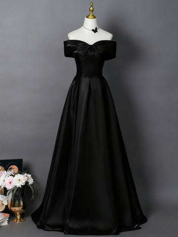 Off the Shoulder Black Satin Long Prom Dresses, Off Shoulder Black Satin Formal Evening Dresses