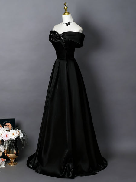 Off the Shoulder Black Satin Long Prom Dresses, Off Shoulder Black Satin Formal Evening Dresses