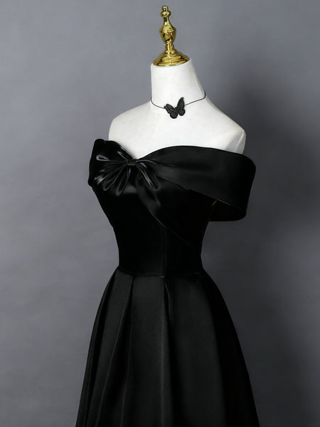 Off the Shoulder Black Satin Long Prom Dresses, Off Shoulder Black Satin Formal Evening Dresses