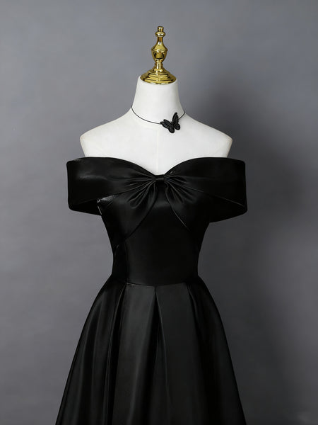 Off the Shoulder Black Satin Long Prom Dresses, Off Shoulder Black Satin Formal Evening Dresses
