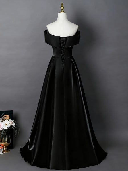 Off the Shoulder Black Satin Long Prom Dresses, Off Shoulder Black Satin Formal Evening Dresses