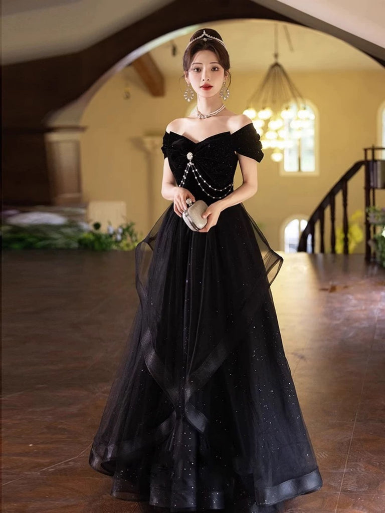 Off the Shoulder Black Tulle Lace Prom Dresses, Off Shouder Black Lace – jbydress Off the Shoulder Black Tulle Lace Prom Dresses, Off Shouder Black Lace – jbydress