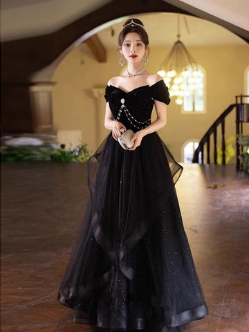 Off the Shoulder Black Tulle Lace Prom Dresses, Off Shouder Black Lace Graduation Formal Dresses