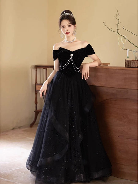 Off the Shoulder Black Tulle Lace Prom Dresses, Off Shouder Black Lace Graduation Formal Dresses