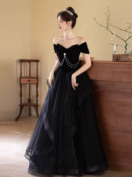 Off the Shoulder Black Tulle Lace Prom Dresses, Off Shouder Black Lace Graduation Formal Dresses
