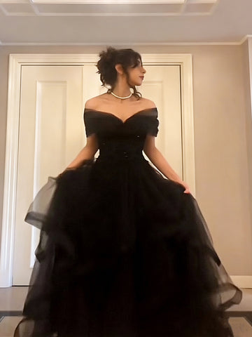 Off the Shoulder Black Tulle Long Prom Dresses, Off Shoulder Black Long Formal Dresses