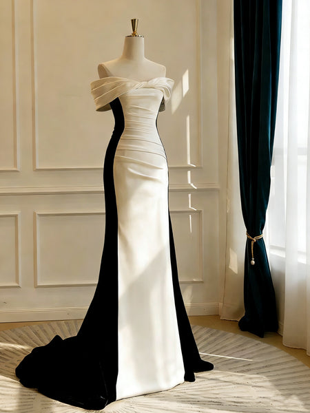 Off the Shoulder Black White Mermaid Long Prom Dresses, Black White Mermaid Long Formal Dresses
