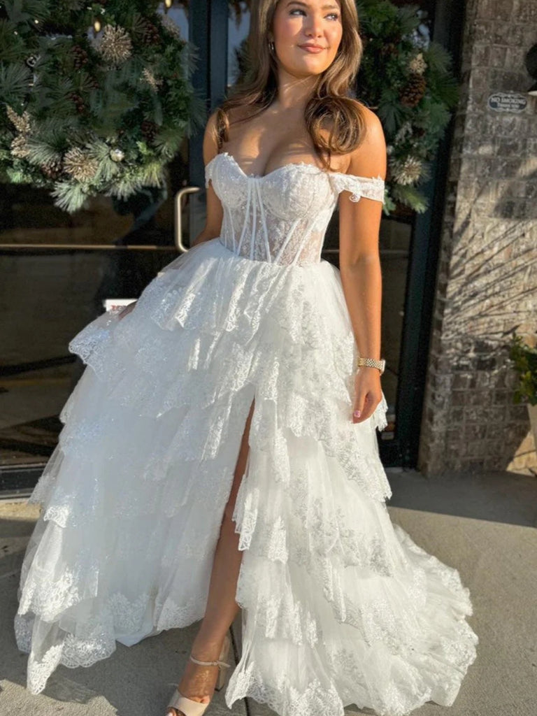 Off the Shoulder Black White Pink Purple Layered Lace Prom Dresses, Of – jbydress Off the Shoulder Black White Pink Purple Layered Lace Prom Dresses, Of – jbydress