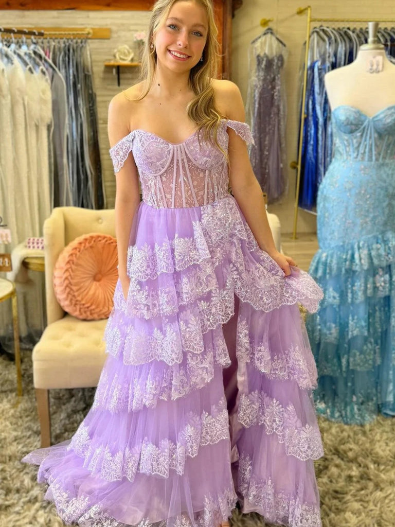Off the Shoulder Black White Pink Purple Layered Lace Prom Dresses, Of jbydress Off the Shoulder Black White Pink Purple Layered Lace Prom Dresses, Of jbydress