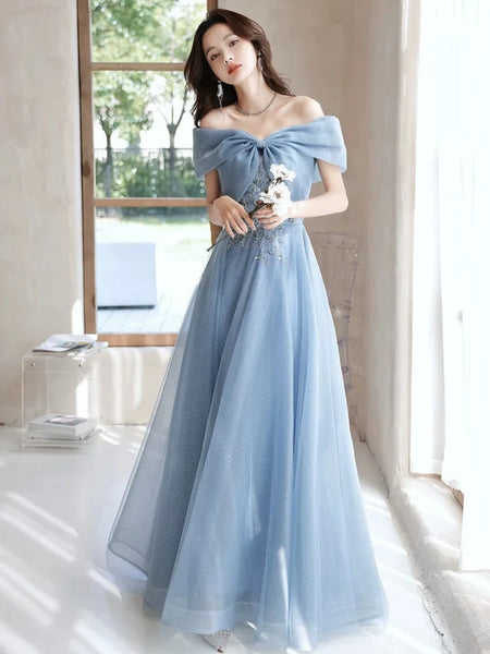 Off the Shoulder Blue Beaded Prom Dresses, Off Shoulder Blue Beaded Long Formal Evening Dresses