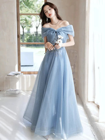 Off the Shoulder Blue Beaded Prom Dresses, Off Shoulder Blue Beaded Long Formal Evening Dresses