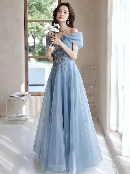 Off the Shoulder Blue Beaded Prom Dresses, Off Shoulder Blue Beaded Long Formal Evening Dresses