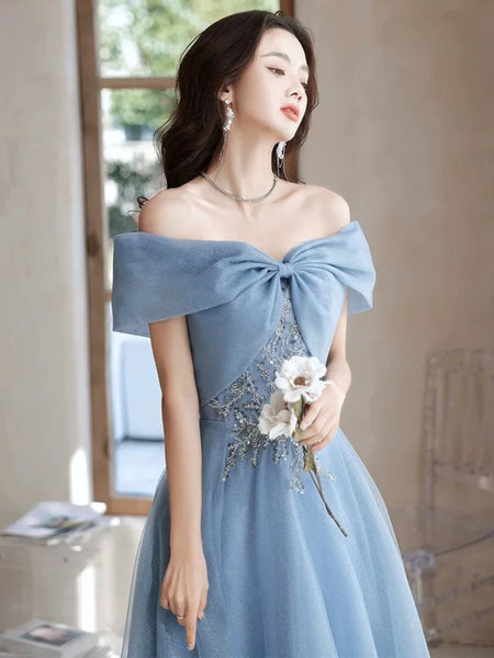 Off the Shoulder Blue Beaded Prom Dresses, Off Shoulder Blue Beaded Long Formal Evening Dresses