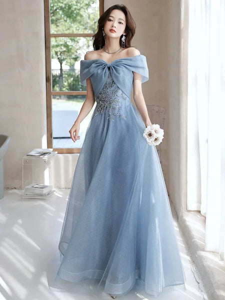Off the Shoulder Blue Beaded Prom Dresses, Off Shoulder Blue Beaded Long Formal Evening Dresses