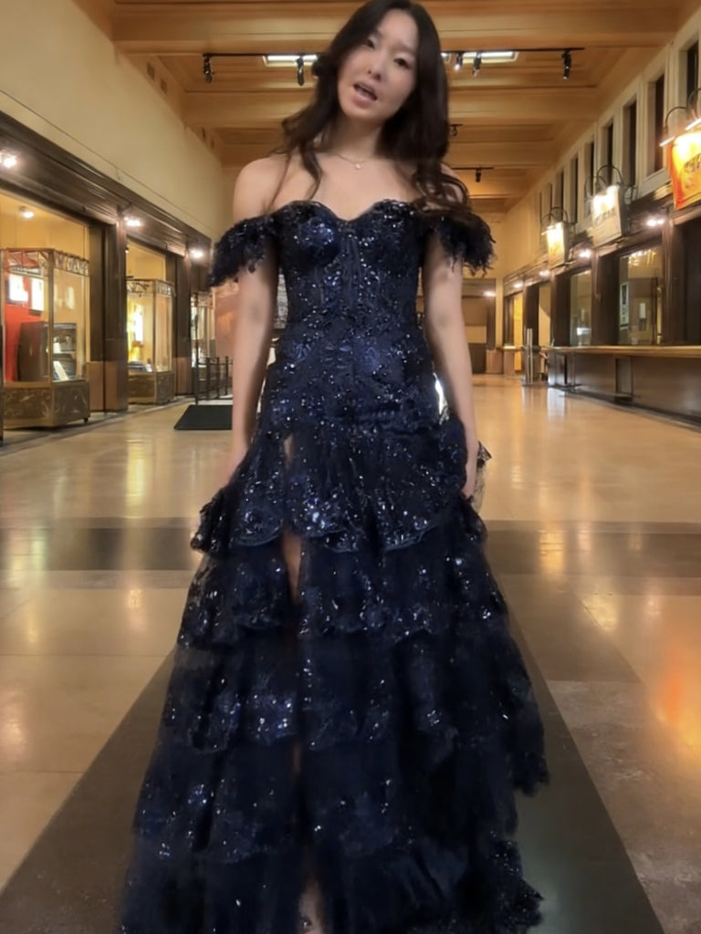 Off the Shoulder Blue Mermaid Lace Prom Dresses, Navy Blue Mermaid Lace Formal Evening Dresses