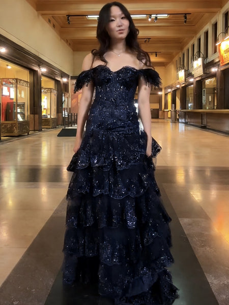 Off the Shoulder Blue Mermaid Lace Prom Dresses, Navy Blue Mermaid Lace Formal Evening Dresses
