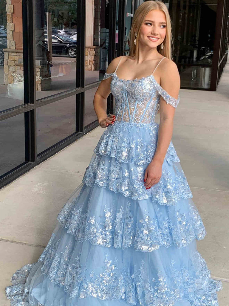 Off the Shoulder Blue Purple Ruffle Tiered Lace Prom Dresses, Blue Pur jbydress Off the Shoulder Blue Purple Ruffle Tiered Lace Prom Dresses, Blue Pur jbydress