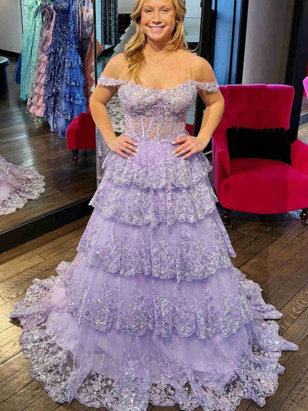 Off the Shoulder Blue Purple Ruffle Tiered Lace Prom Dresses, Blue Purple Ruffle Tiered Lace Formal Evening Dresses