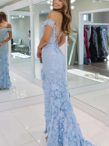 Off the Shoulder Blue Purple Pink Floral Lace Mermaid Prom Dresses, 3D Floral Long Mermaid Formal Evening Dresses