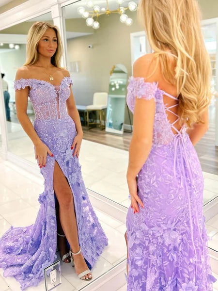 Off the Shoulder Blue Purple Pink Floral Lace Mermaid Prom Dresses, 3D Floral Long Mermaid Formal Evening Dresses