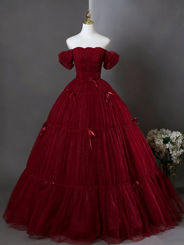 Off the Shoulder Burgundy Tulle Prom Dresses, Wine Red Off Shoulder Tulle Formal Dresses