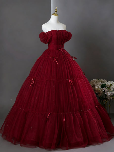 Off the Shoulder Burgundy Tulle Prom Dresses, Wine Red Off Shoulder Tulle Formal Dresses