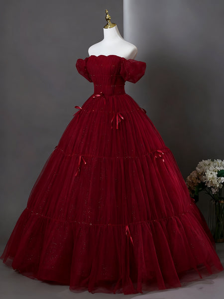 Off the Shoulder Burgundy Tulle Prom Dresses, Wine Red Off Shoulder Tulle Formal Dresses