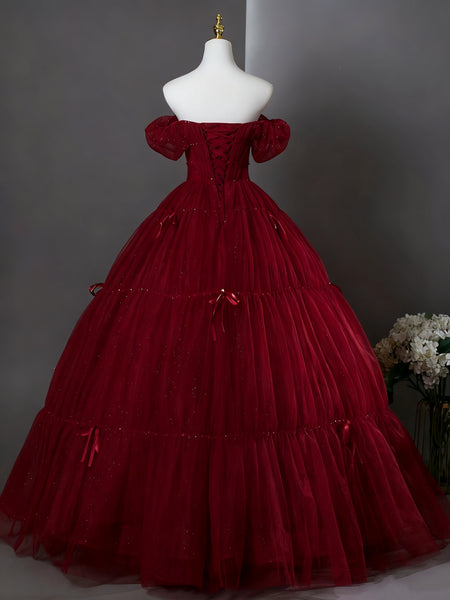 Off the Shoulder Burgundy Tulle Prom Dresses, Wine Red Off Shoulder Tulle Formal Dresses