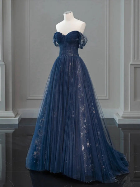 Off the Shoulder Dark Blue Long Prom Dresses, Dark Blue Long Formal Graduation Dresses