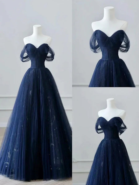 Off the Shoulder Dark Blue Long Prom Dresses, Dark Blue Long Formal Graduation Dresses