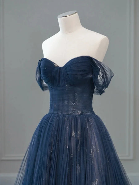 Off the Shoulder Dark Blue Long Prom Dresses, Dark Blue Long Formal Graduation Dresses