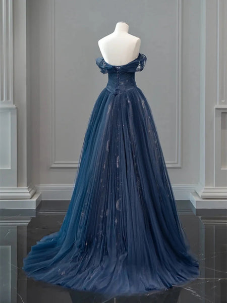Off the Shoulder Dark Blue Long Prom Dresses, Dark Blue Long Formal Graduation Dresses