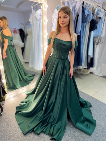 Off the Shoulder Dark Green Satin Prom Dresses, Emerald Green Off Shoulder Satin Long Formal Evening Dresses